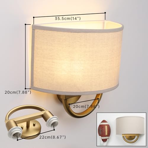Brass Industrial Wall Sconce Fixtures with Linen Fabric Shade - Double Arm Vintage Lighting for Hallway Bedroom Living Room