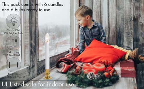 TUDAK 6-Pack Electric Christmas Window Candle Lamps with Auto Sensor - Brass Base, LED Bulb, 9"