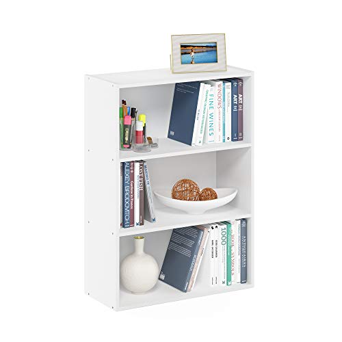 Furinno PASIR 3-Tier White Book Shelf - Wide Storage Organizer for Living Room & Home Office
