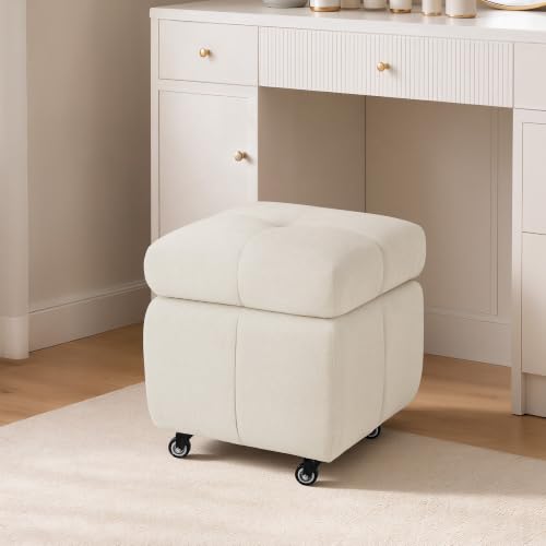 LUE BONA Beige Square Storage Ottoman with Wheels, 17.4L Tufted Foot Rest & Hidden Storage