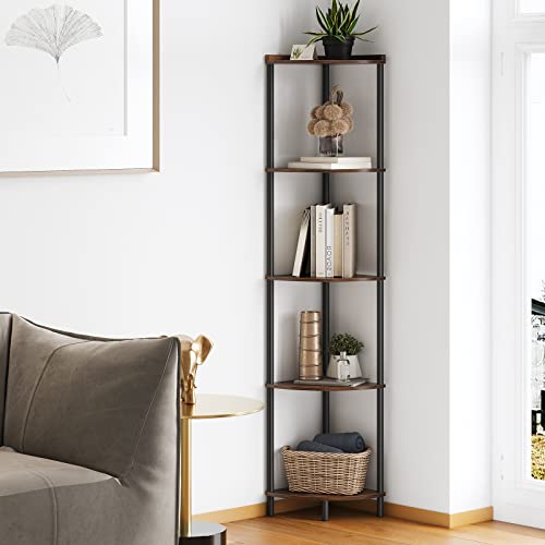 SUNMORY Rustic Brown 5-Tier Corner Shelf - Tall Corner Bookcase for Living Room