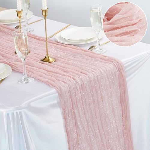 Dusty Pink 10FT Boho Shimmer Cheesecloth Table Runner for Weddings & Parties