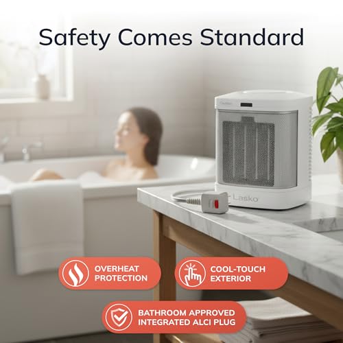 Lasko 8-Inch Ceramic Space Heater for Bathroom - CD08200, White