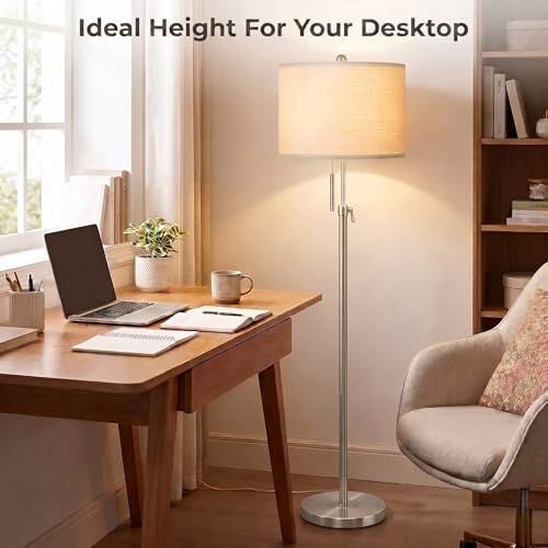 Nickel Floor Lamp with White Shade - Adjustable Tall Reading & Living Room Light - 55-67 Inches