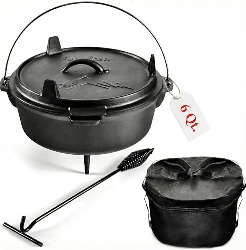 6 Qt Cast Iron Dutch Oven with Lid, Skillet, Tote & Accessories for Camping