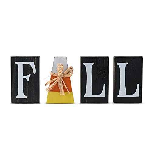Ornativity Wooden Fall Shelf Blocks - Rustic Autumn Wooden Painted Candy Corn Centerpiece Shelf Sitters Farmhouse Mantel Shelves and Tabletop Home Decorations Candycane Ornament Decor Set 5.9"