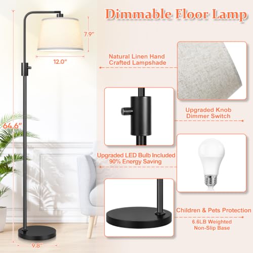 Dimmable Floor Lamp with Linen Shade - Black Matte, 1000 Lumens LED Bulb Included