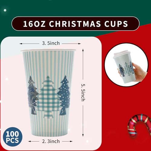 Tamone 100 Pack 16OZ Christmas Disposable Coffee Cups with Blue Tree Lids