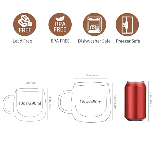 CNGLASS 16oz Double Walled Glass Coffee Mugs 4-Pack - Clear Insulated Latte Cups
