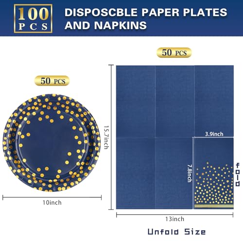 Blue Paper Plates and Napkins Set for Party - Boocikey 100PCS Blue & Gold Decor