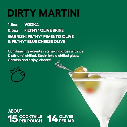 Martini Cocktail Kit - Premium Dirty Martini Set with Olives & Garnishes - Gluten-Free, Pimento & Blue Cheese Stuffed, 4 Stainless Steel Picks - Variation: Martini Cocktail Kit