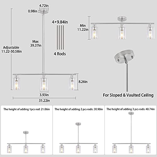 Brushed Nickel 3-Light Kitchen Island Pendant Light with Glass Shades - Adjustable Modern Linear Chandelier