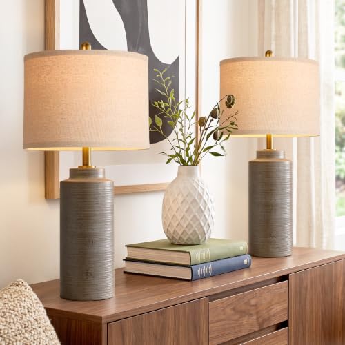 PARTPHONER 27-Inch Vintage Ceramic Table Lamp Set of 2 - Greyish Brown Farmhouse Nightstand Lamps with Ribbed Finish