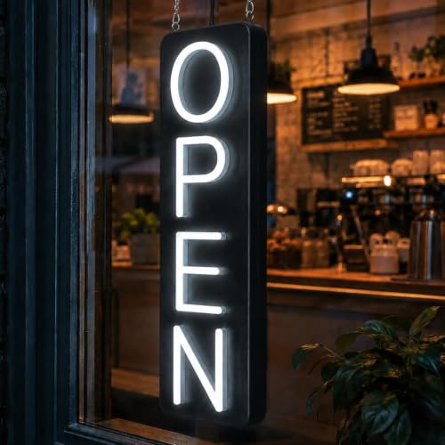 HiNeon White Vertical Open Sign - 28x7 Inch LED Business Sign with Remote, 6 Modes