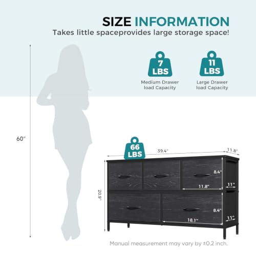 OLIXIS Black 5-Drawer Dresser for Bedroom & Closet Storage, 11.9"D x 38.1"W x 20.9"H