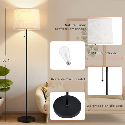 Tall Floor Lamp with Linen T-Shades & Black Pole - Modern 60-Inch Standing Light with 3 CCT Modes
