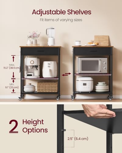 VASAGLE Rustic Brown & Ink Black Kitchen Island Cart with Storage, Drawer & Hooks, 17.7 x 23.6 x 35.4 inches