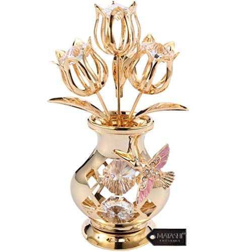 Matashi Gold-Plated Crystal Flower Bouquet Vase with Hummingbird - Valentine's Day Gift for Women