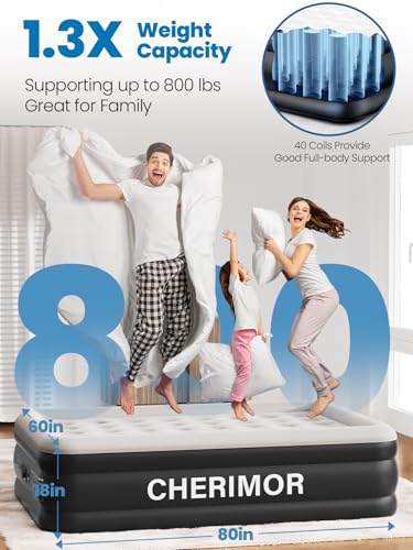 CHERIMOR Black Queen Air Mattress with Built-in Pump 18in, Upgraded 40 Air-Coil, Puncture-Resistant