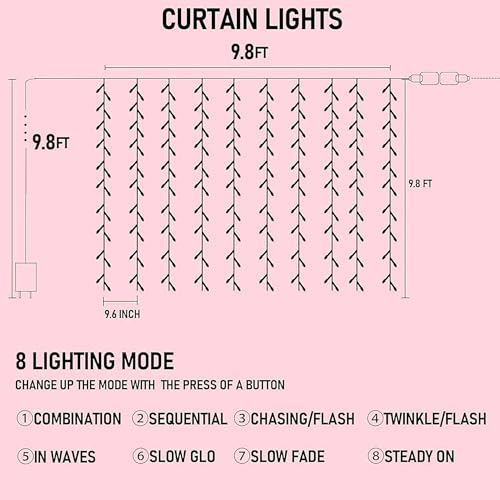 Pink LED Curtain String Lights with 8 Modes for Indoor Outdoor Decor, 300 LEDs