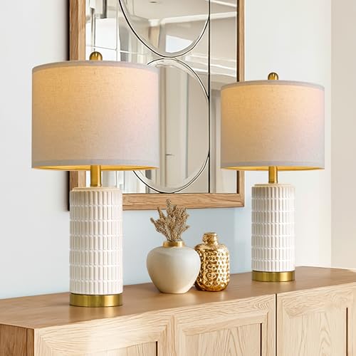PoKat 21.5'' Small Bedside Lamp with USB Ports - White & Beige Nightstand Lamp for Bedroom & Living Room