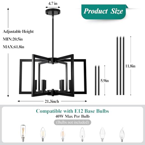 Bairth 20-62 Inch Adjustable Black 6-Light Farmhouse Kitchen Chandelier