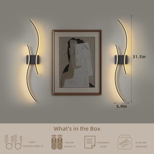 GLOTHOR Black Arc 31.5 Inch Rechargeable Dimmable LED Wall Sconces Set of 2 with Remote