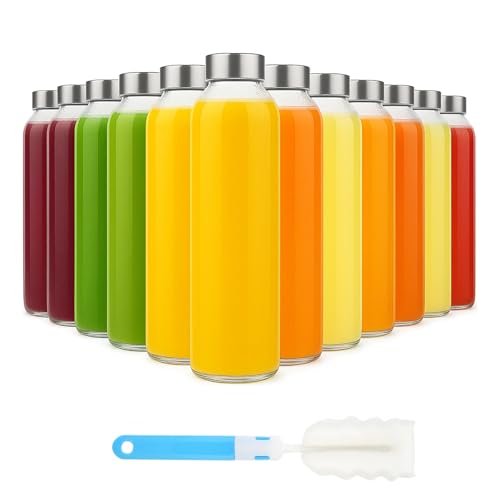 Clear Glass Water Bottles Set - 12 Pack 18 oz Reusable Juicing Bottles with Leak-Proof Stainless Steel Lids - Eco-Friendly BPA Free