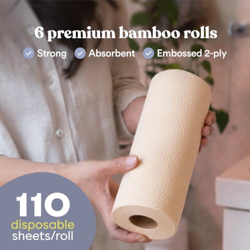 Betterway Unbleached Bamboo Paper Towels 12 Rolls - Eco-Friendly, Compostable, 2-Ply, Natural Brown