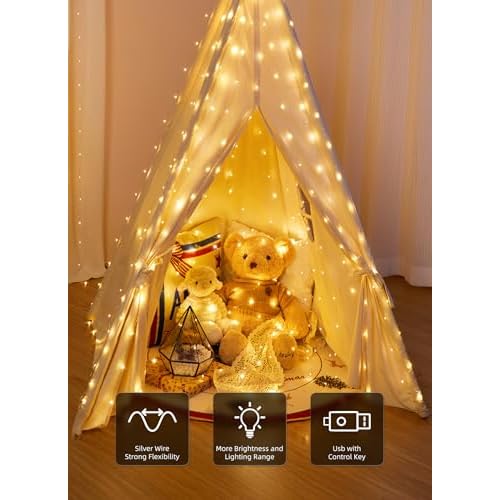 Brightown 300 LED Fairy Curtain Lights, 9.8ft x 9.8ft Warm White Curtain String Lights, USB Plug in 8 Lighting Modes Christmas Decoration, Hanging Lights with Remote for Bedroom Indoor Weddings Dorm