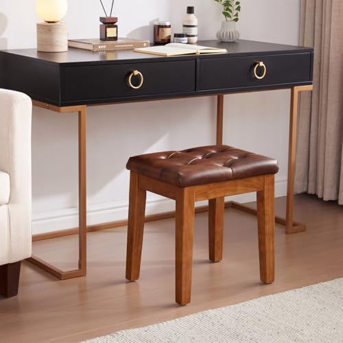 Retro Brown Ottoman Vanity Stool with Padded Linen Seat - Wooden Frame