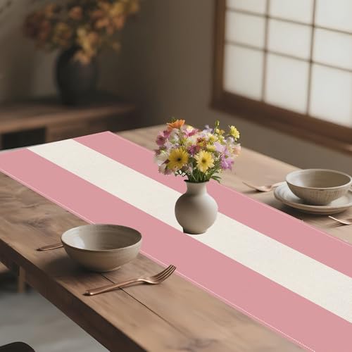 Pink White Stripes 2025 Seasonal Christmas & Spring Table Runner, 13x72 Inches