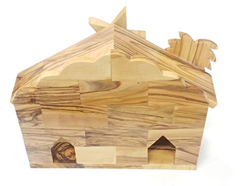 Bethlehem Gifts TM 6" Carved Bethlehem Olive Wood Nativity Set with Music Stable & Glued Figurines - Christmas Scene