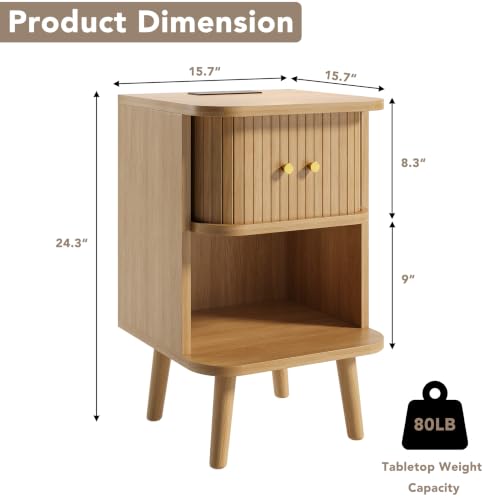 Oak Mid Century Modern Nightstand Set of 2 with Charging Station
