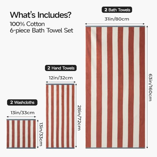 Terracotta Redkiss 6-Piece Cotton Towel Set - Reversible Striped Bathroom Towels