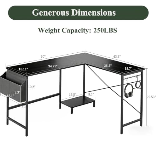 Reversible L Shaped Computer Desk with CPU Stand - Deep Black, 50 Inch