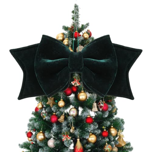 Hollowfly Green Velvet Bow Christmas Tree Topper 22x8in - Large Dark Green
