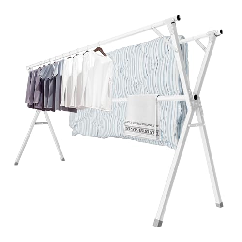 95-Inch Foldable Clothes Drying Rack with 20 Hooks - Heavy Duty Stainless Steel, Indoor Outdoor, White