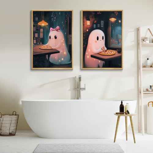 2Pcs Halloween Canvas Wall Art Pink Academic Romantic Ghost Posters Prints Cute Ghost Restaurant Eating Pizza Pictures Wall Decor for Living room Restaurant Kitchen Decoration Unframed