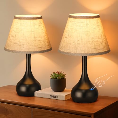 PARTPHONER Black 2-Pack Touch Dimmable Bedside Table Lamps with Linen Shade