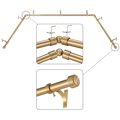 Warm Gold Bay Window Curtain Rods with Aluminum End Caps & Brackets, Adjustable 36-72 & 20-36 Inch Sets - 3 Sided Version