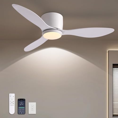 White 42 Inch Ceiling Fan with Lights, Remote & Wall Control, Dimmable, Low Profile Flush Mount