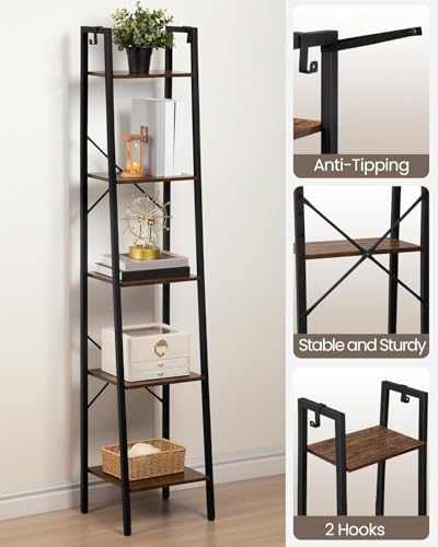 Rustic Brown Ladder Shelf - 5-Tier Freestanding Corner Bookshelf, 11.8"D x 13.4"W x 63"H