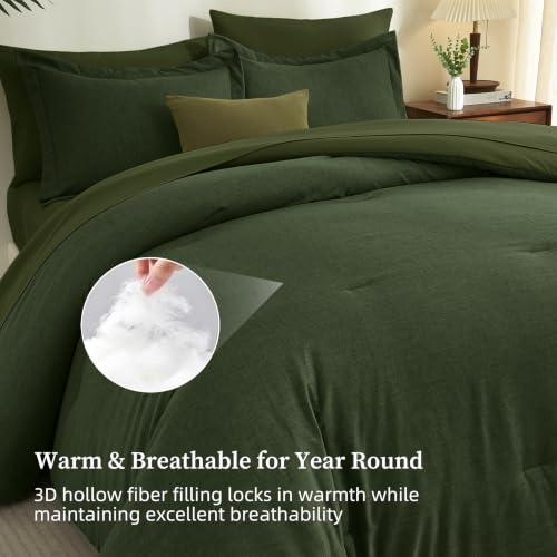 Dark Green King Comforter Set - Upgraded 7-Piece Bed in a Bag with Linen-Like Texture
