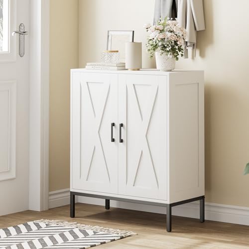 White Farmhouse Shoe Cabinet with 2 Barn Doors & Metal Legs - Homleke