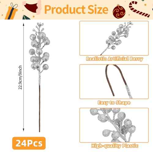 24 Pack 9 Inches Glitter Artificial Berry Stems, 15 Berries per Stem, Christmas Tree Picks Ornaments, DIY Xmas Wreath, Floral Arrangements Home D?cor, Winter Wonderland Decoration (24, Silver, 9 Inch)