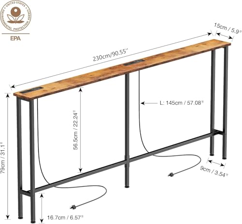 Narrow Sofa Table with Power Outlets & USB Ports - Rustic Brown, 90 inch