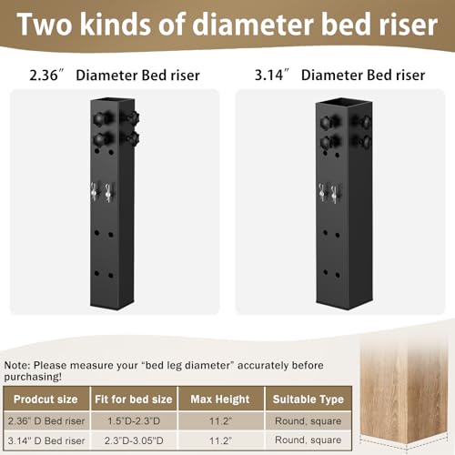 IRENPORU 4 Pack Black Carbon Steel Bed Riser Set 3.15" Diameter Adjustable Height 3.2-11.2" for Dorm Bed Frames & Tables