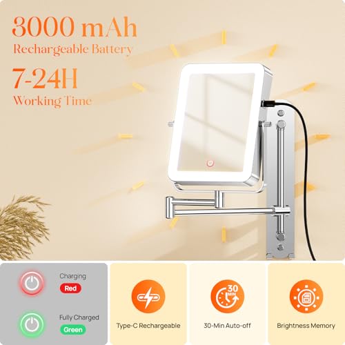 Height Adjustable Wall Mounted Makeup Mirror with LED Lights & Hooks
