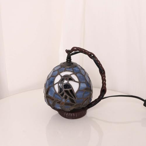 Dark Blue Tiffany Style Raven Mini Table Lamp - 7x5.5x8 Inches